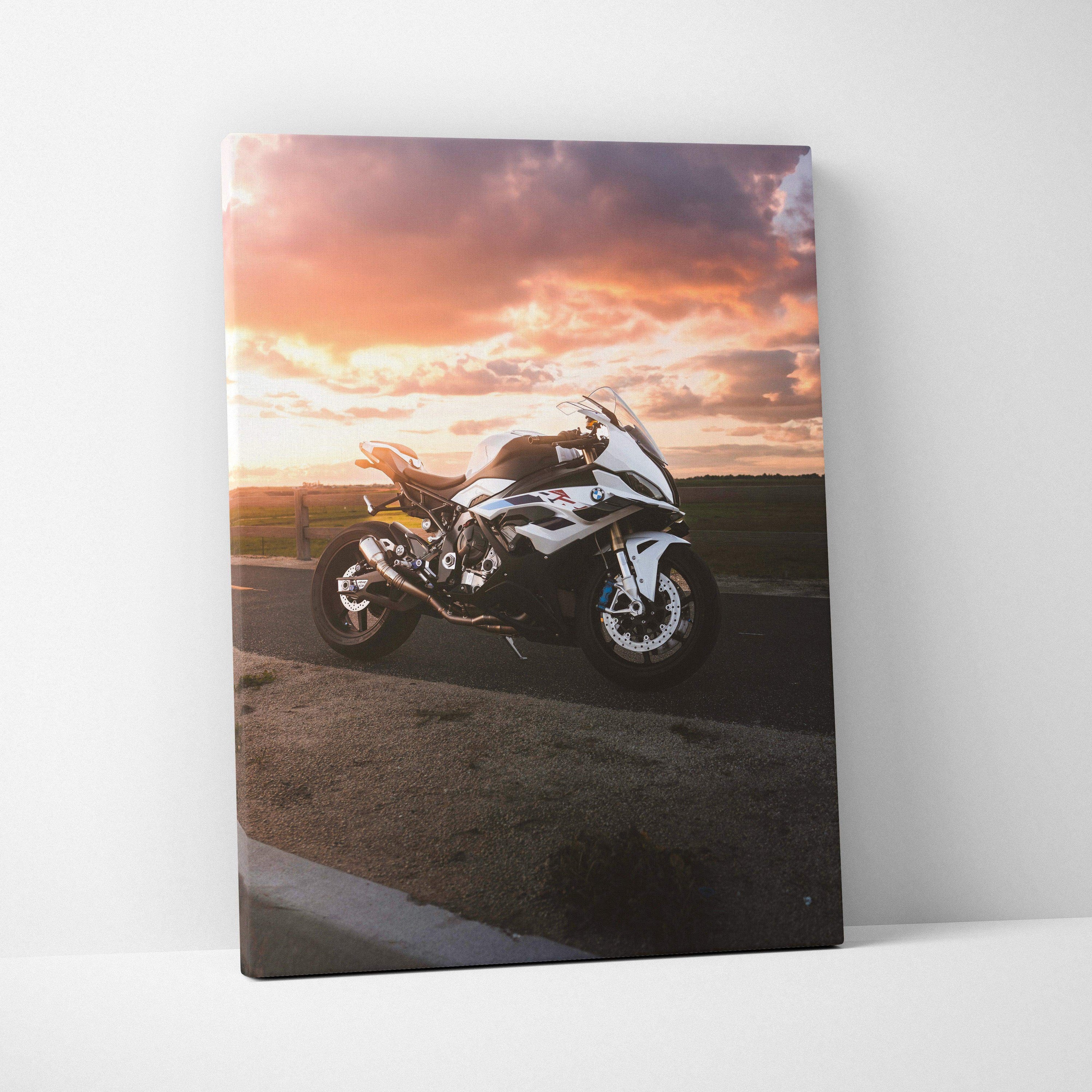 BMW S1000RR motorcycle during sunset on vertical high-resolution canvas wall art.