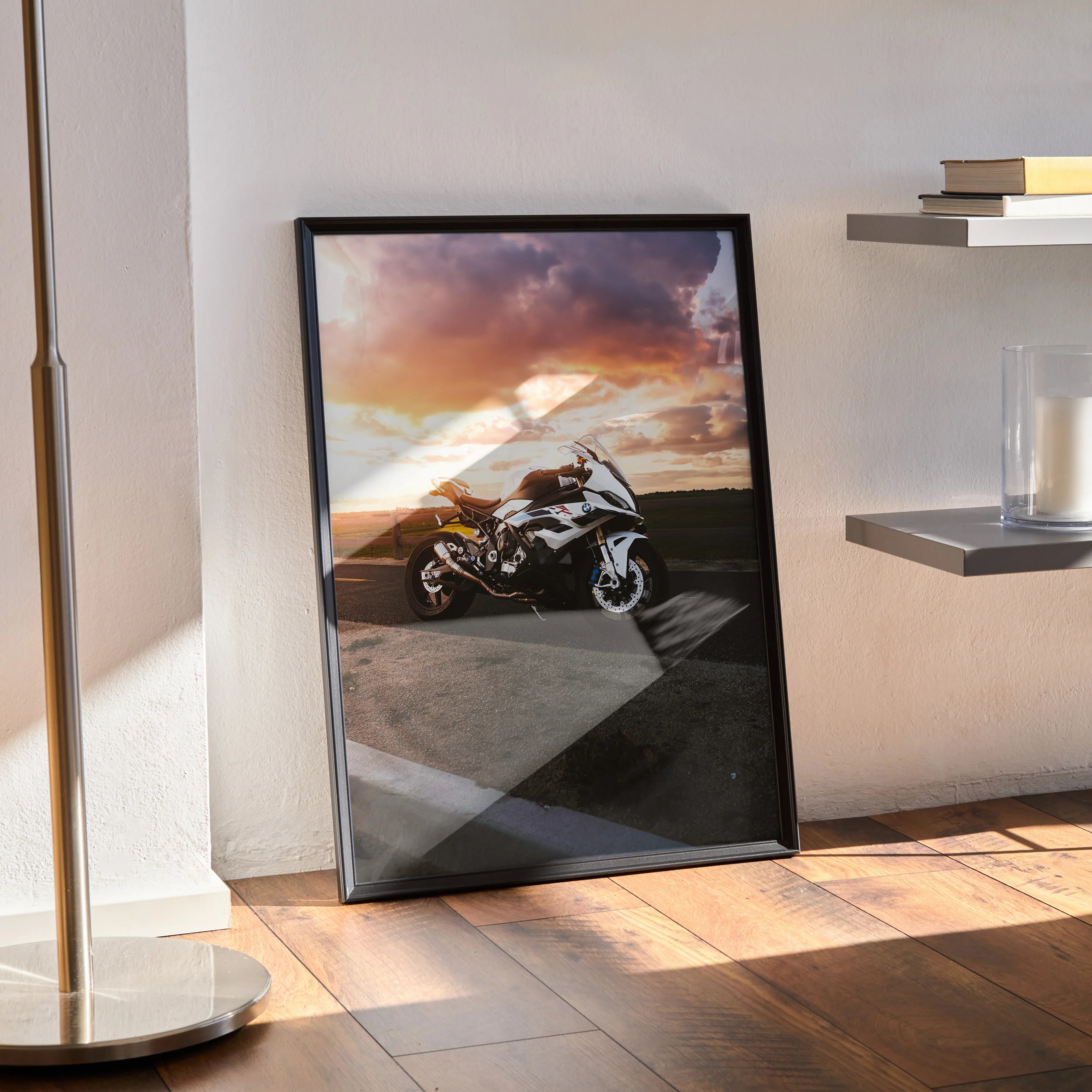 BMW S1000RR motorcycle poster with sunset sky, modern black frame wall art.