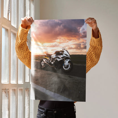 BMW S1000RR motorcycle poster with sunset background, premium wall art print.