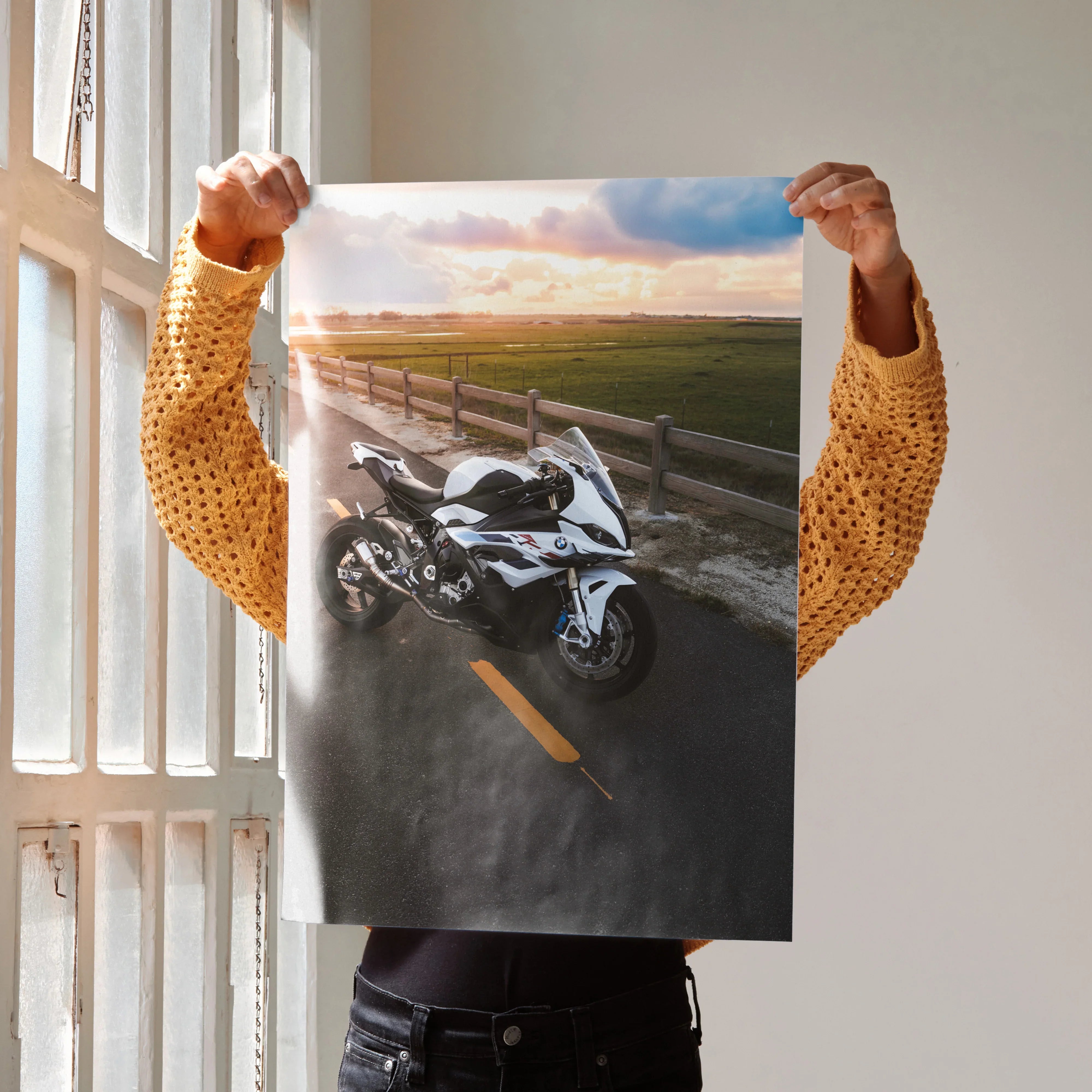 BMW S1000RR motorcycle poster with sunset road scene, premium wall art for enthusiasts.