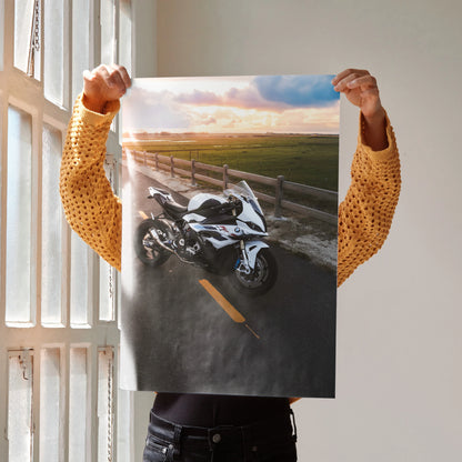 BMW S1000RR motorcycle poster with sunset road scene, premium wall art for enthusiasts.
