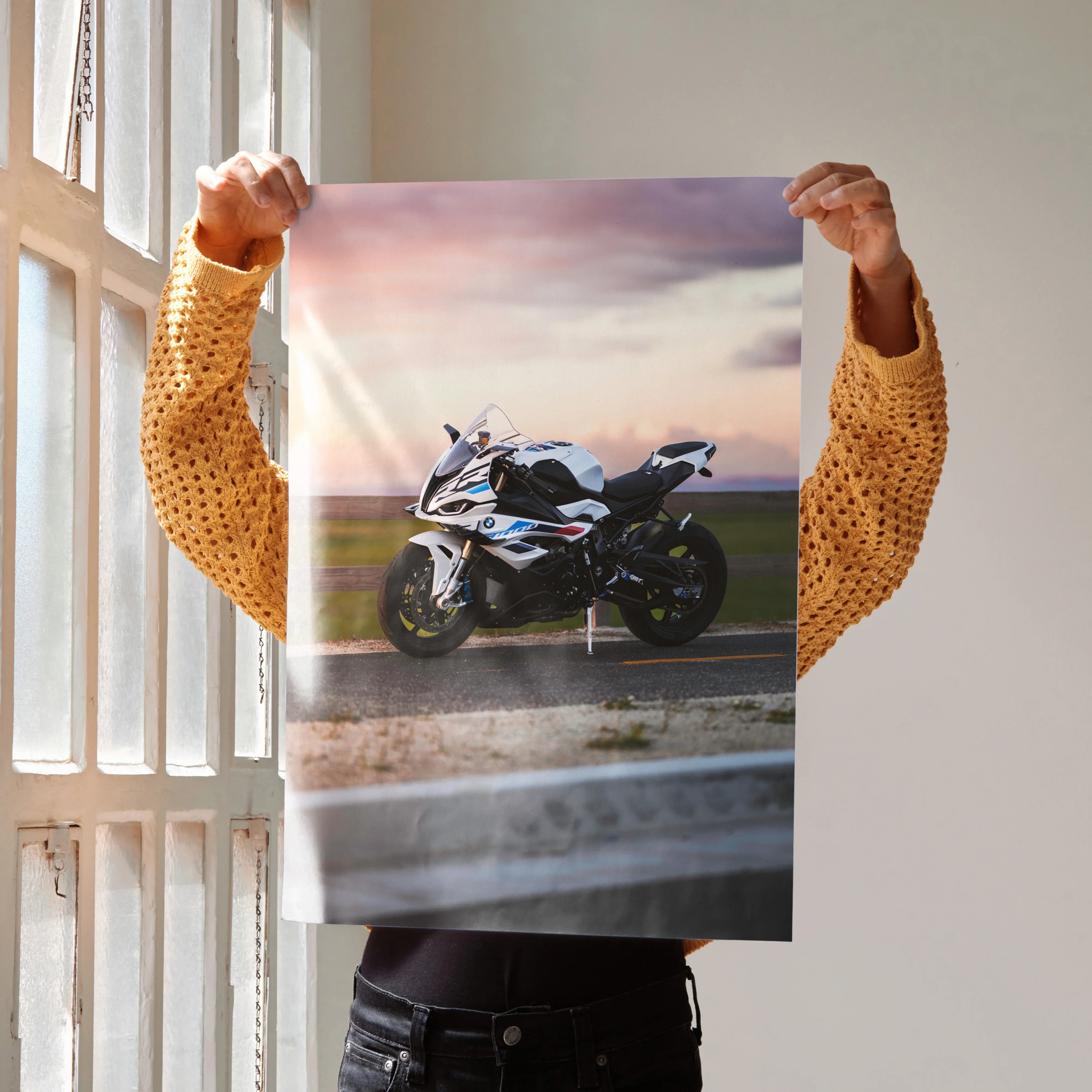 BMW S1000RR motorcycle against a colorful sunset sky poster wall art.