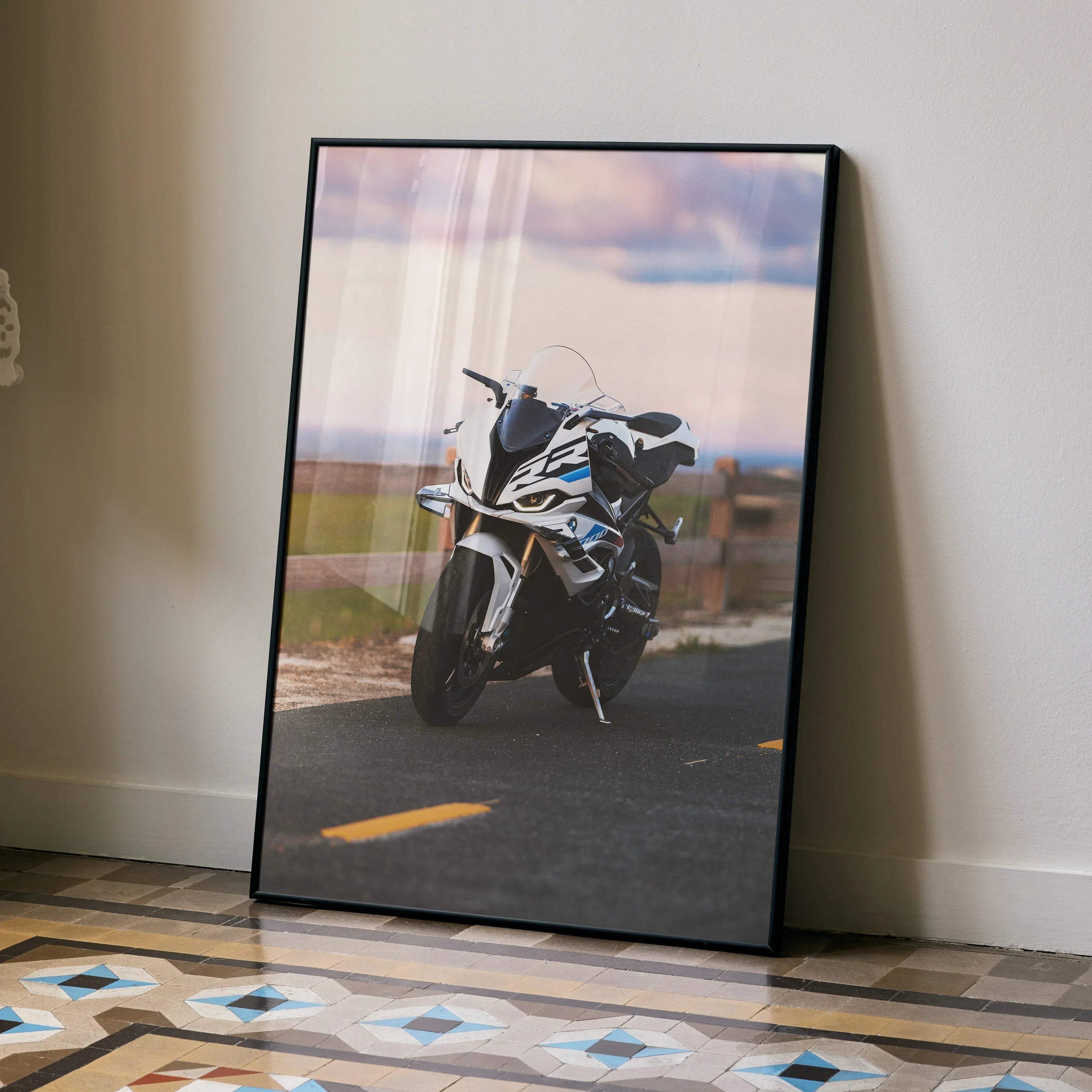 BMW S1000RR motorcycle poster leaning against wall, modern premium quality wall art with scenic background.