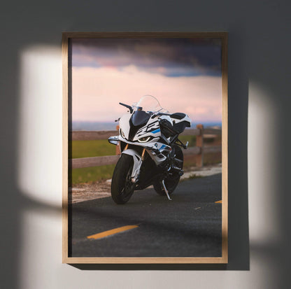 BMW S1000RR motorcycle poster with dynamic road scene in premium wood frame wall art.