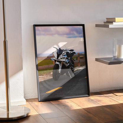 BMW S1000RR motorcycle poster with dynamic front view, premium wall art in sleek black frame.