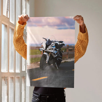 BMW S1000RR motorcycle on road at sunset poster wall art with dynamic perspective.