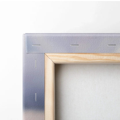 Close-up of wooden frame and stapled edge of high-resolution vertical canvas art wall art.