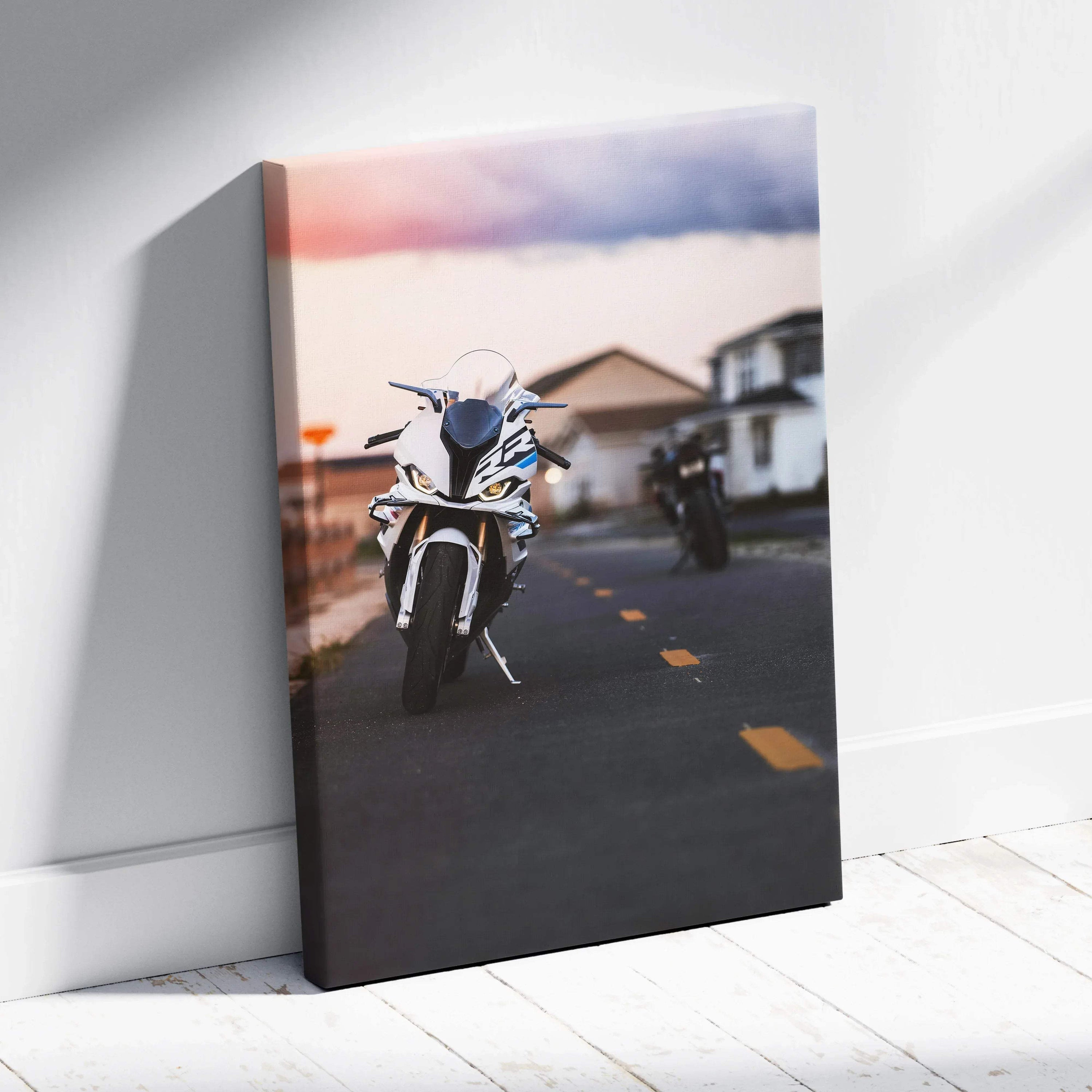 BMW S1000RR motorcycle vertical canvas art with sunset road background, high-resolution wall art.