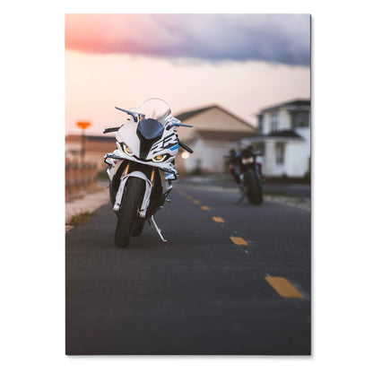 Motorbike poster featuring white BMW S1000RR and Aprilia RSV4 1100 on road wall art.