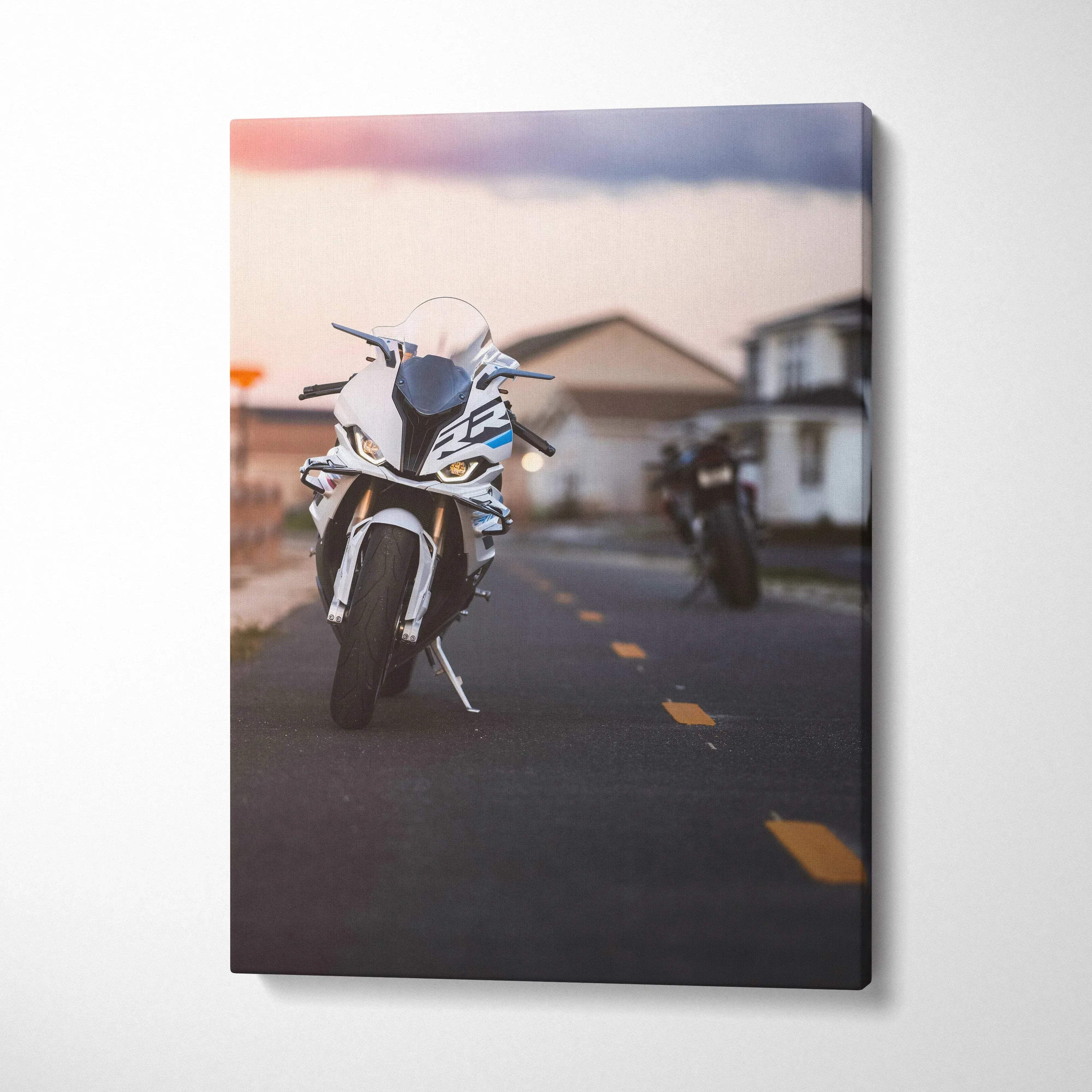 High resolution vertical canvas art of a white BMW S1000RR motorcycle on road at sunset, modern wall art.