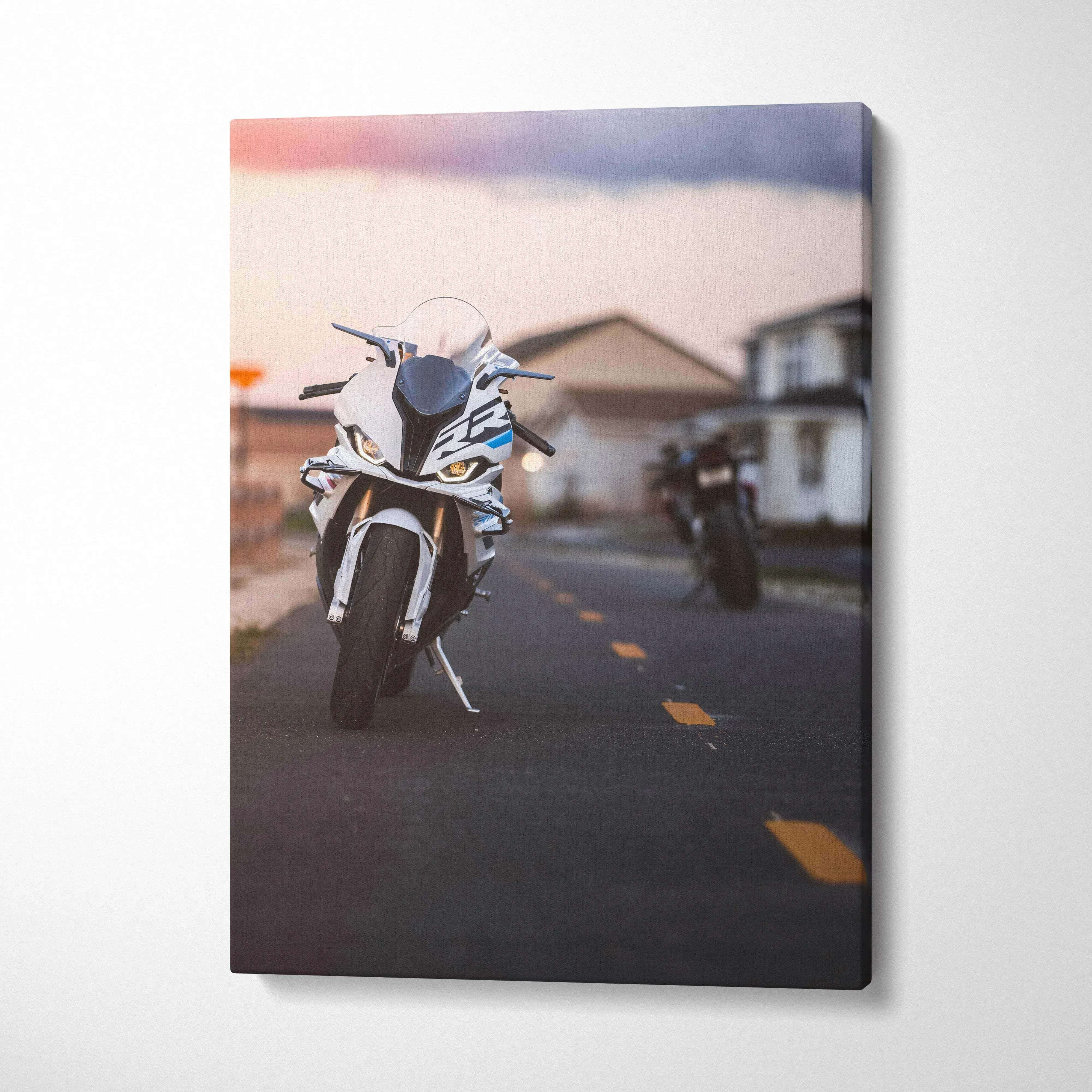 High resolution vertical canvas art of a white BMW S1000RR motorcycle on road at sunset, modern wall art.