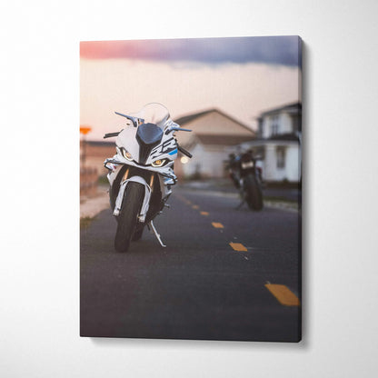 High resolution vertical canvas art of a white BMW S1000RR motorcycle on road at sunset, modern wall art.