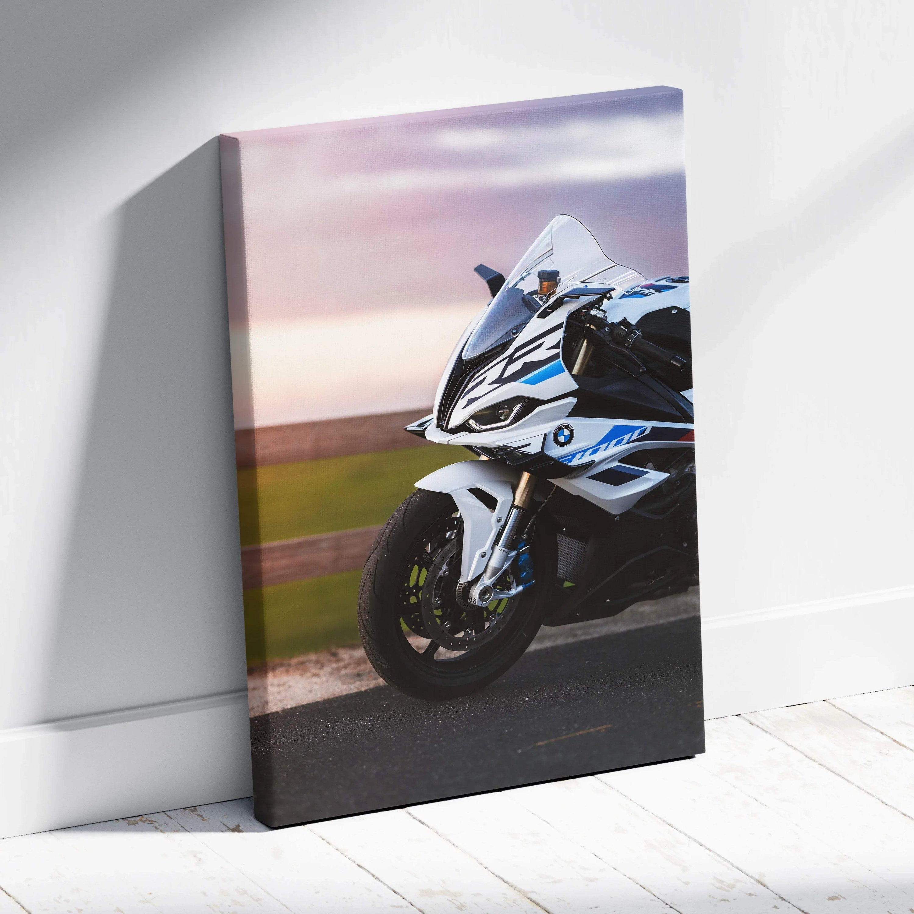 Vertical canvas art featuring a BMW S1000RR motorcycle against a sunset, high-resolution wall art.