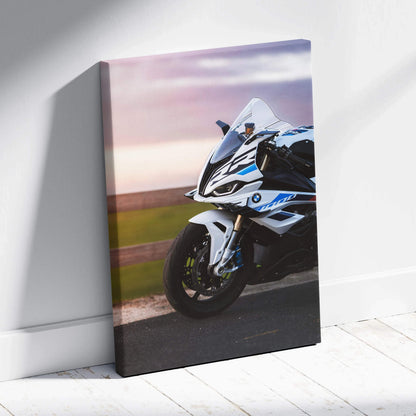 Vertical canvas art featuring a BMW S1000RR motorcycle against a sunset, high-resolution wall art.