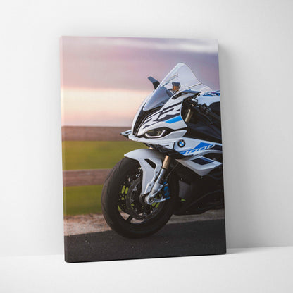 BMW S1000RR motorcycle detailed canvas art with sunset background vertical wall art.