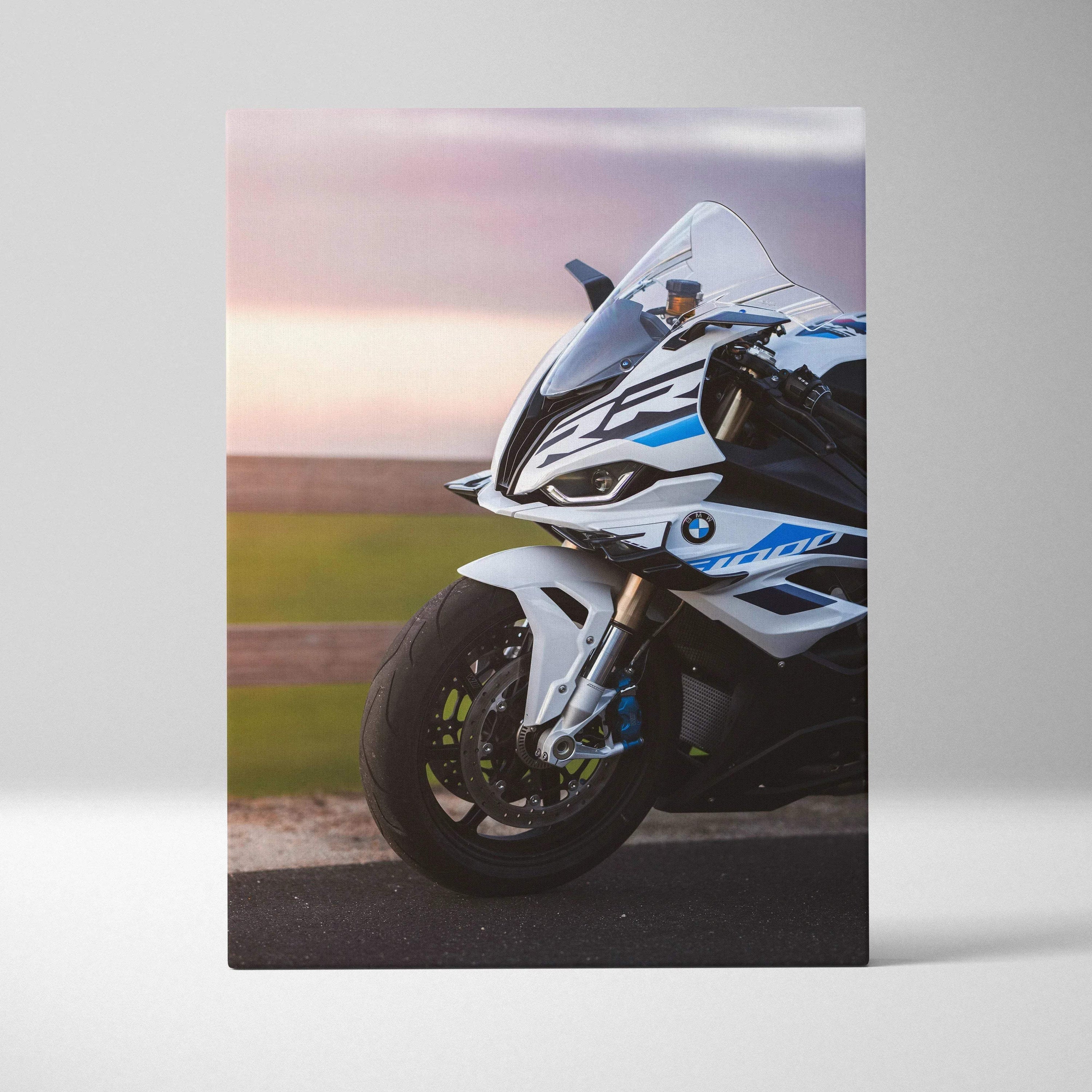 BMW S1000RR motorcycle close-up canvas art with sunset background, vertical wall art.