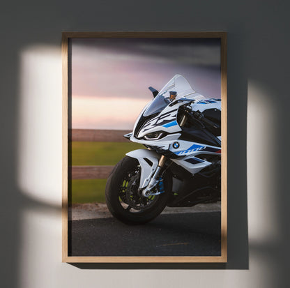 BMW S1000RR motorcycle poster with white and blue design, premium wall art in wooden frame.