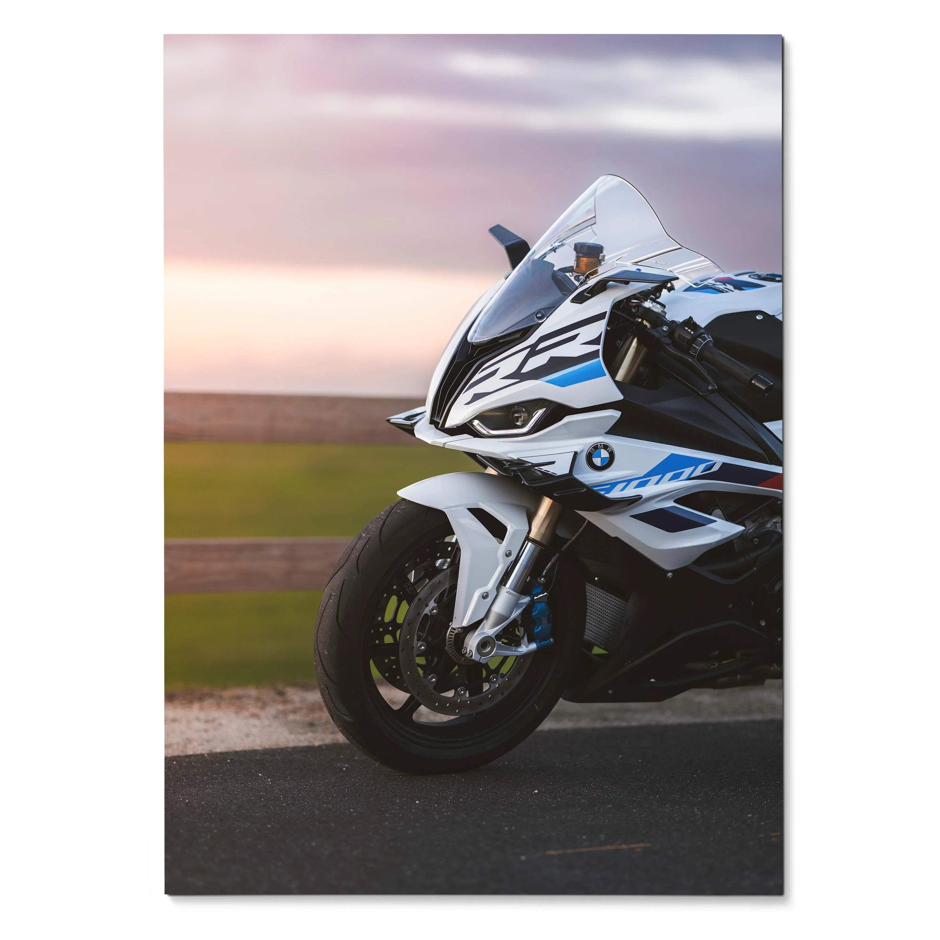 BMW S1000RR motorcycle close-up poster wall art with sunset background in sleek white and blue design.