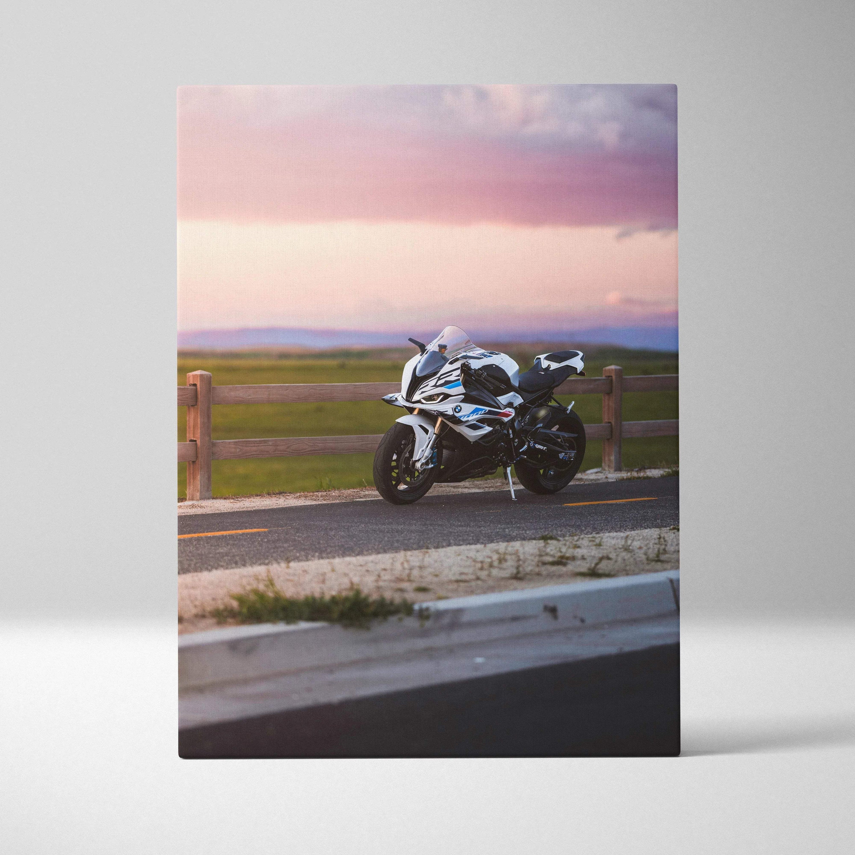 BMW S1000RR motorcycle at sunset on vertical canvas wall art print.