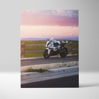 BMW S1000RR motorcycle at sunset on vertical canvas wall art print.