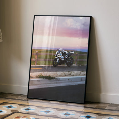 BMW S1000RR motorcycle wall art poster with sunset background in black frame, modern decor.