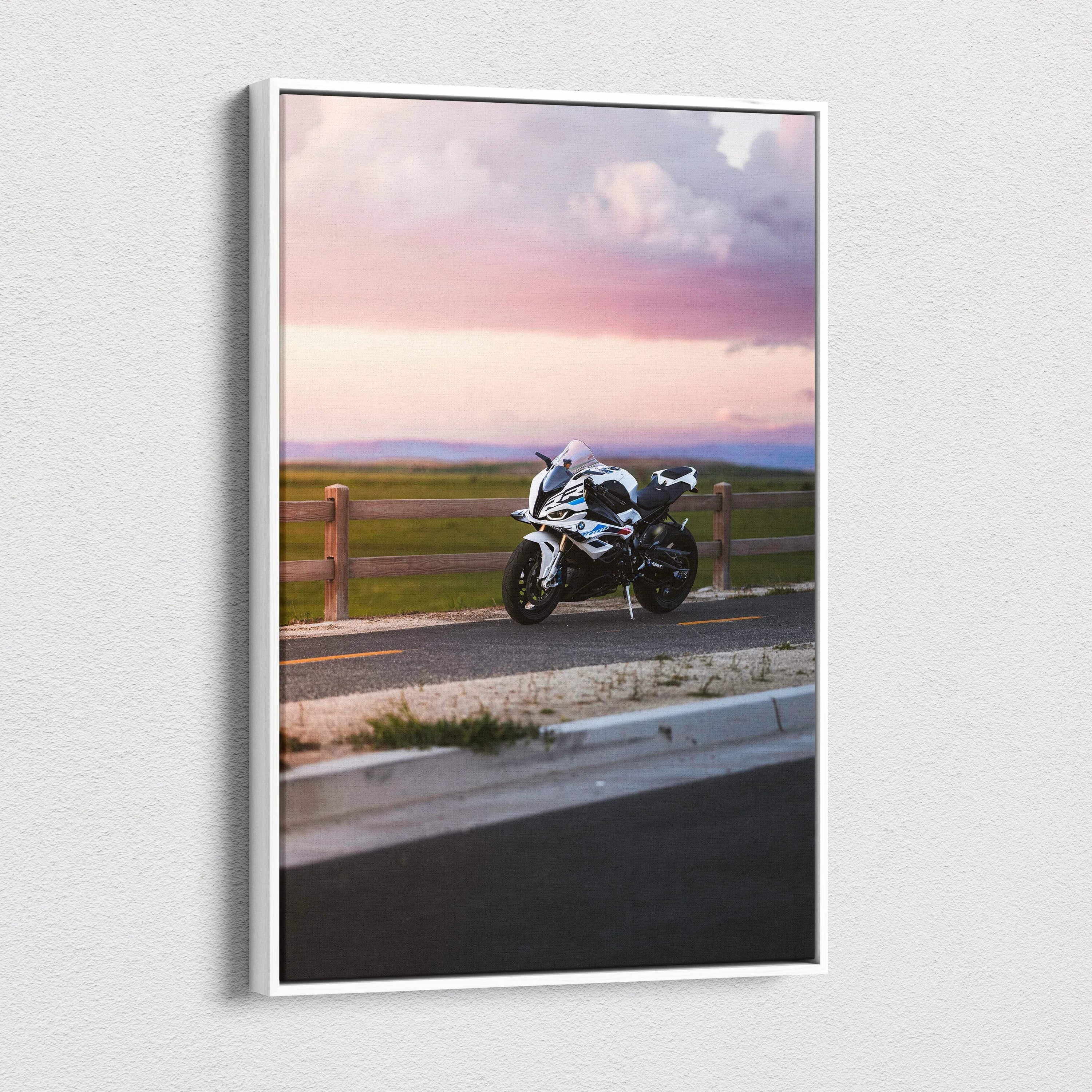 BMW S1000RR motorcycle canvas wall art featuring sunset background in vertical format.