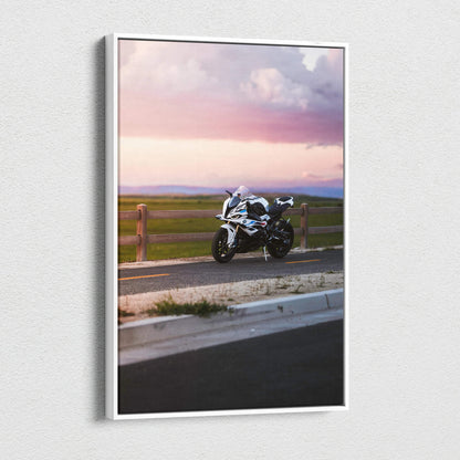 BMW S1000RR motorcycle canvas wall art featuring sunset background in vertical format.