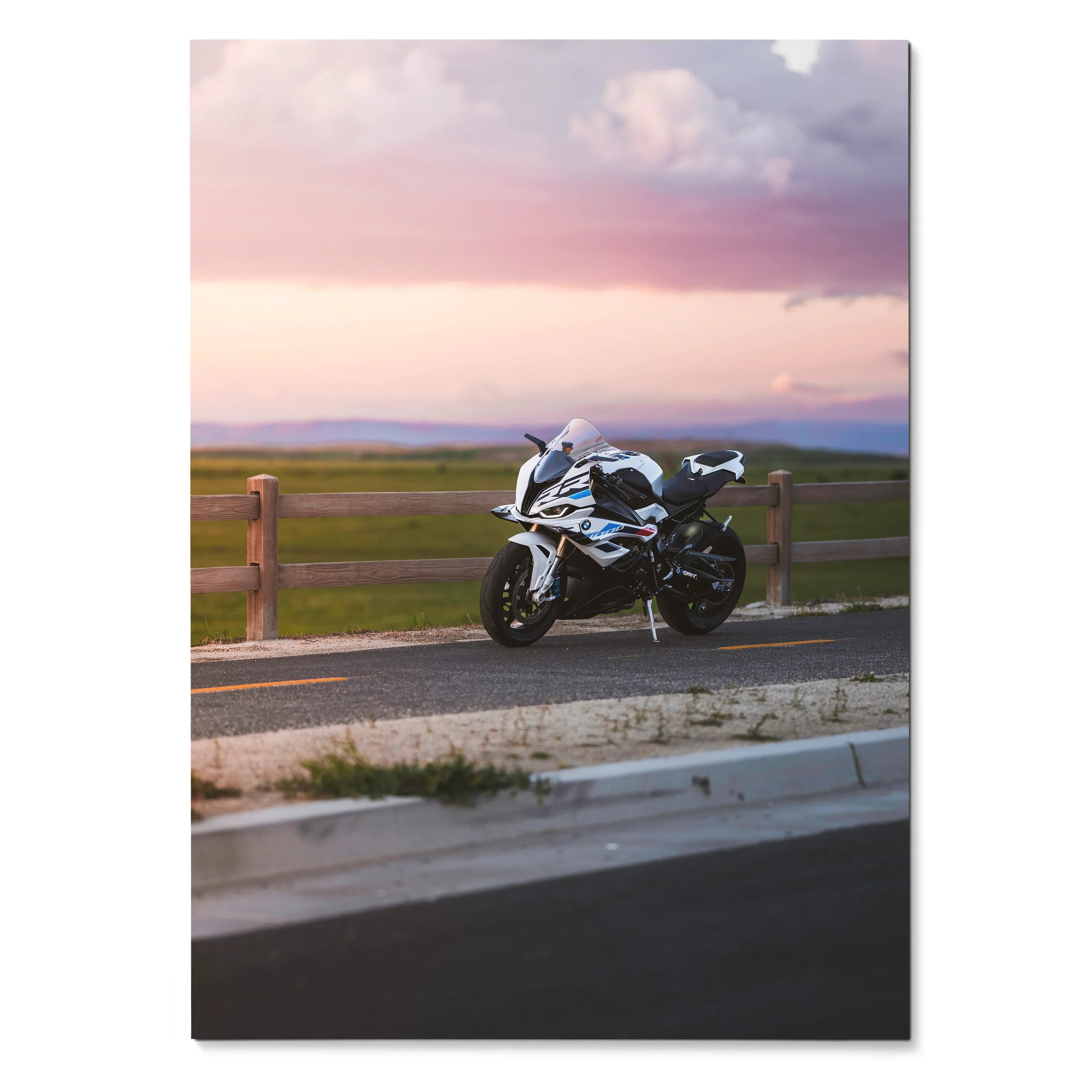 BMW S1000RR motorcycle poster wall art with sunset sky and road background.