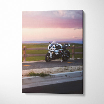 BMW S1000RR motorcycle at sunset on canvas wall art with vivid colors and sharp details.
