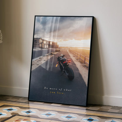 Motivational poster featuring Aprilia RSV4 1100 Factory motorcycle on scenic road at sunset wall art.