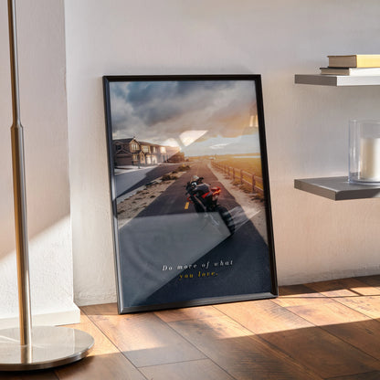 Aprilia RSV4 1100 Factory motorcycle at sunset poster wall art in black frame.