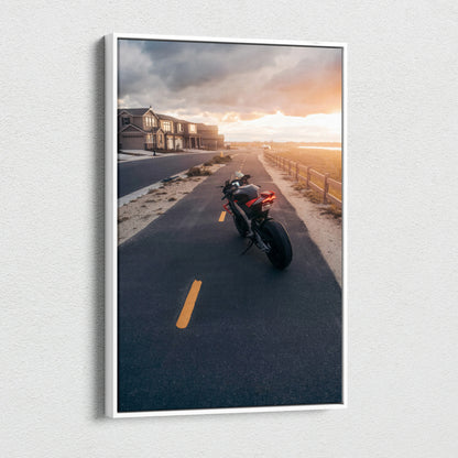 Vertical canvas wall art featuring Aprilia RSV4 1100 Factory motorcycle on sunset road.
