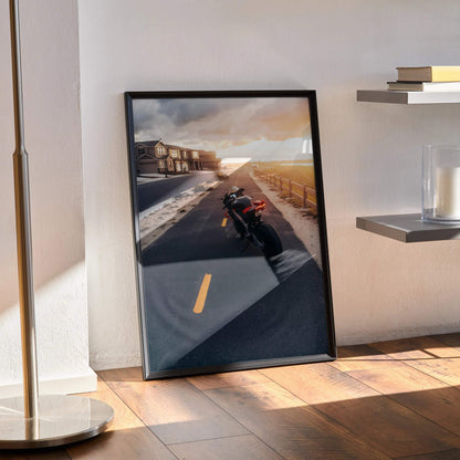 Aprilia RSV4 1100 Factory motorcycle poster leaning on a wall at sunset, modern wall art.