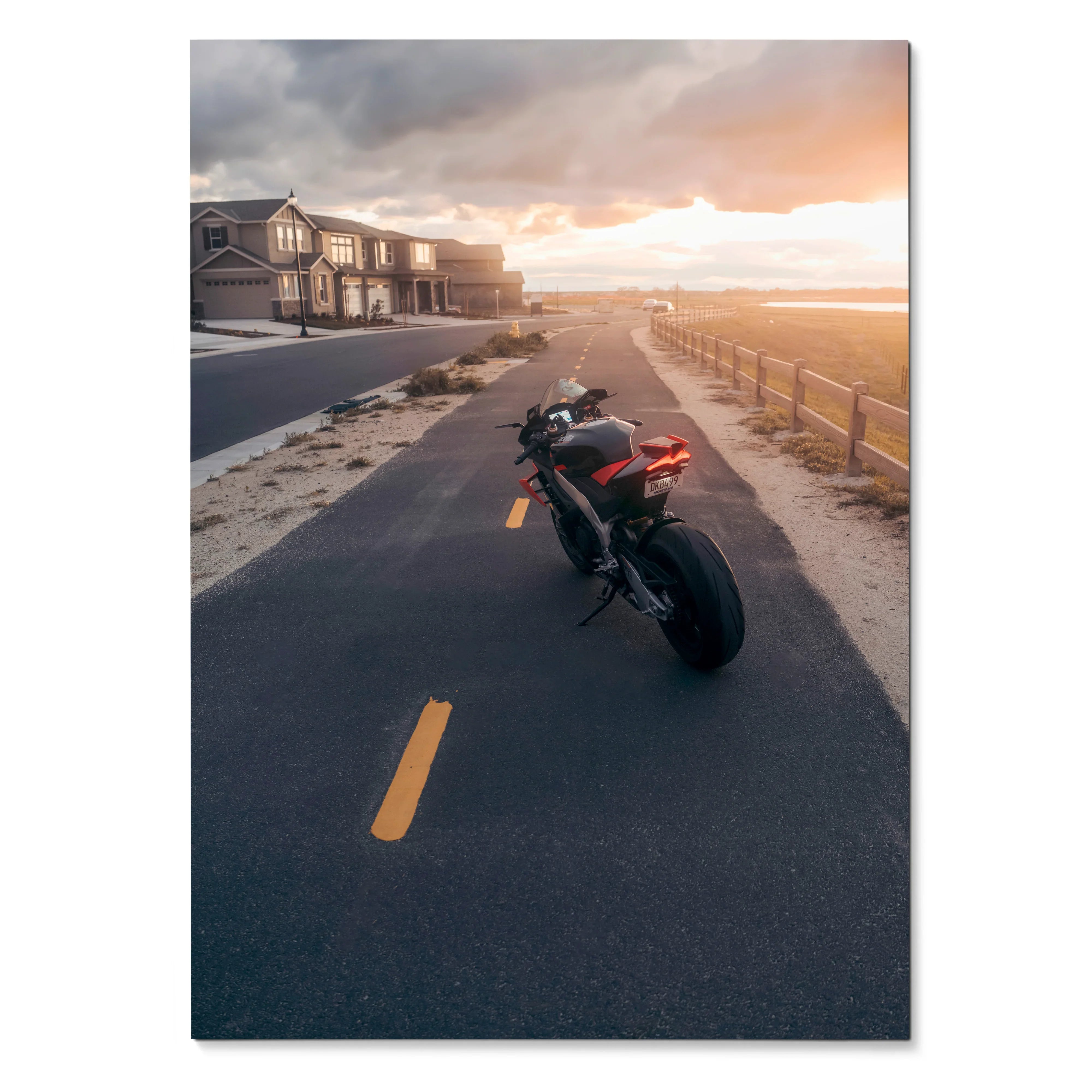 Aprilia RSV4 1100 Factory motorcycle on sunset road poster wall art.