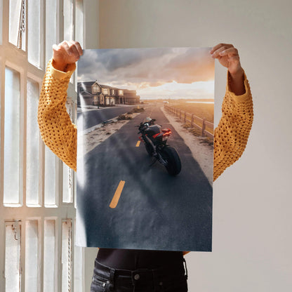 Aprilia RSV4 1100 Factory motorcycle poster with sunset road scene wall art.