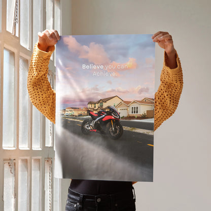 Poster wall art featuring Aprilia RSV4 1100 Factory motorcycle with sunset sky and motivational quote.