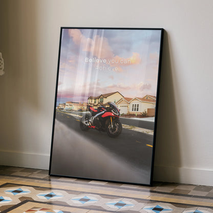 Motivational poster wall art featuring Aprilia RSV4 1100 Factory motorcycle on highway at sunset.