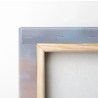 Close-up of wooden canvas frame with fabric stretched and stapled for wall art print.