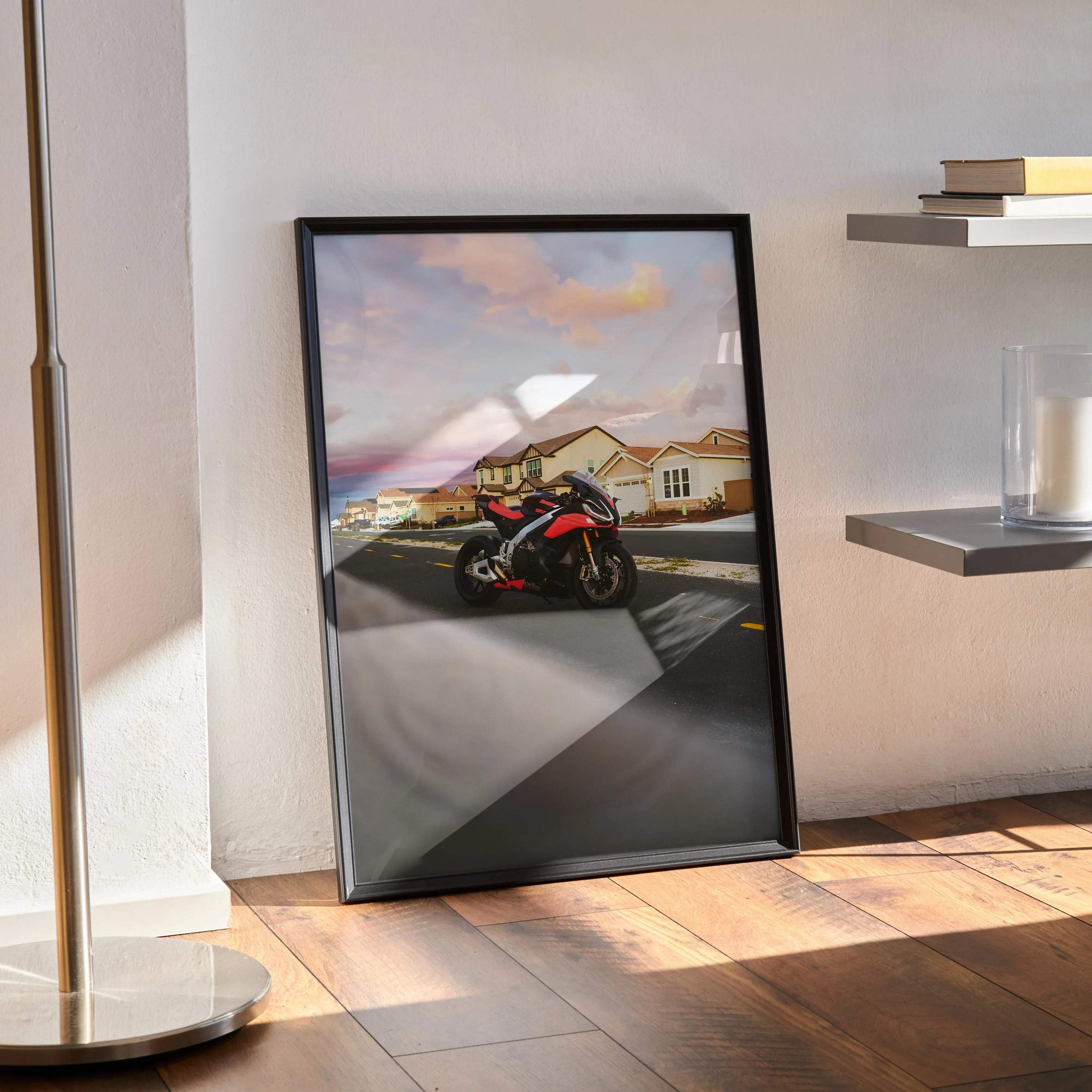 Aprilia RSV4 1100 Factory motorcycle poster with sunset background framed as wall art in modern room.