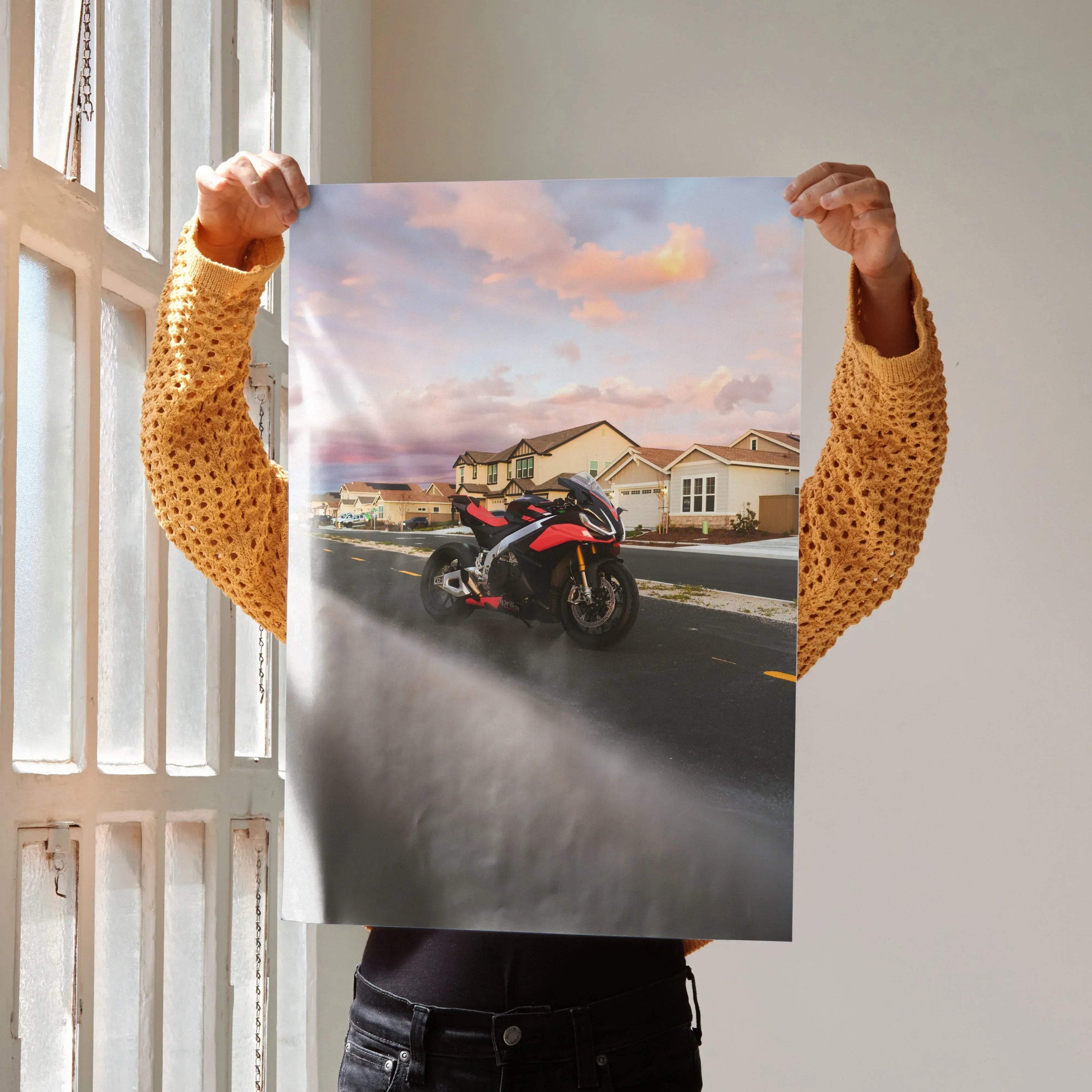 Aprilia RSV4 1100 Factory motorcycle poster with sunset and suburban houses wall art.