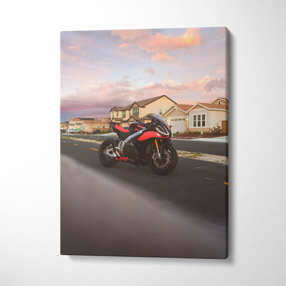Aprilia RSV4 1100 Factory motorcycle on suburban road at sunset, vertical canvas wall art.