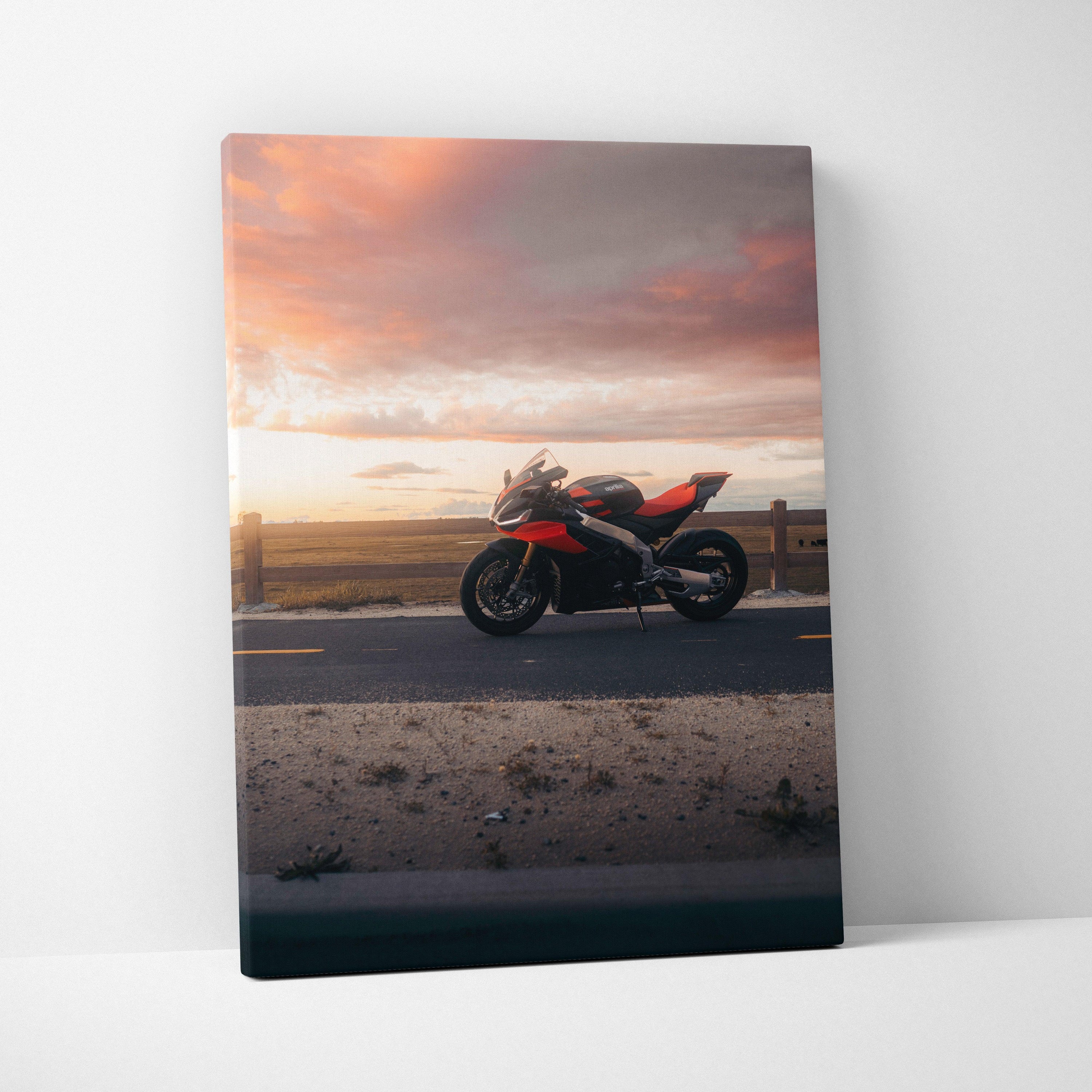 Aprilia RSV4 1100 Factory motorcycle at sunset on vertical canvas wall art.