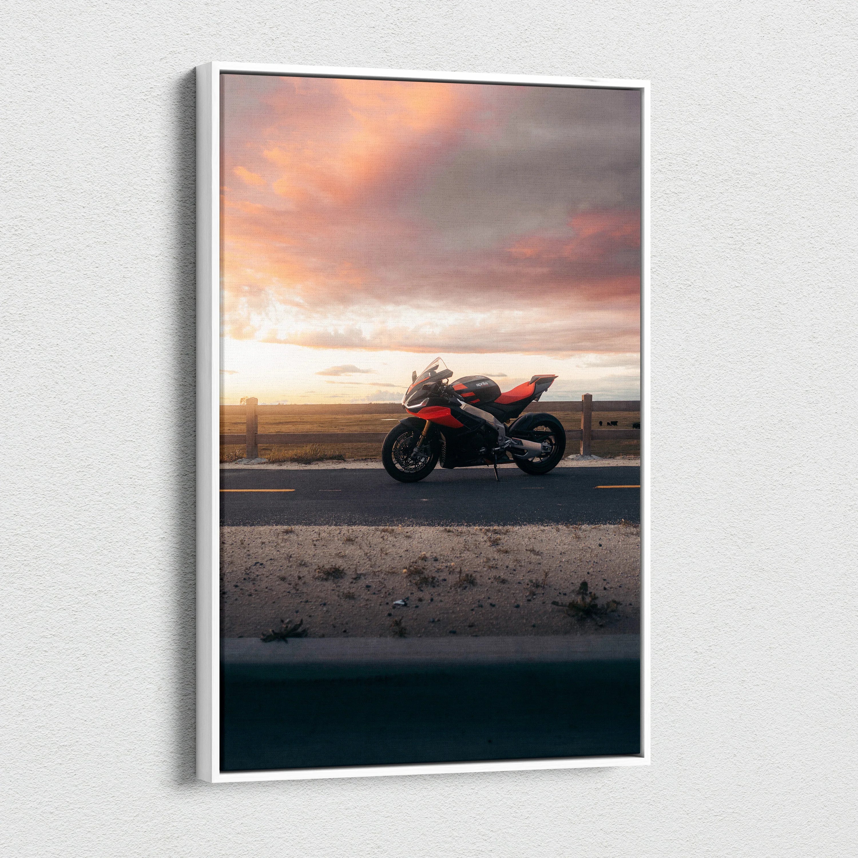 Aprilia RSV4 1100 Factory motorcycle at sunset on vertical canvas wall art.