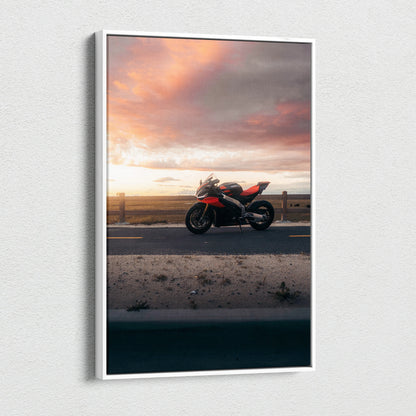 Aprilia RSV4 1100 Factory motorcycle at sunset on vertical canvas wall art.