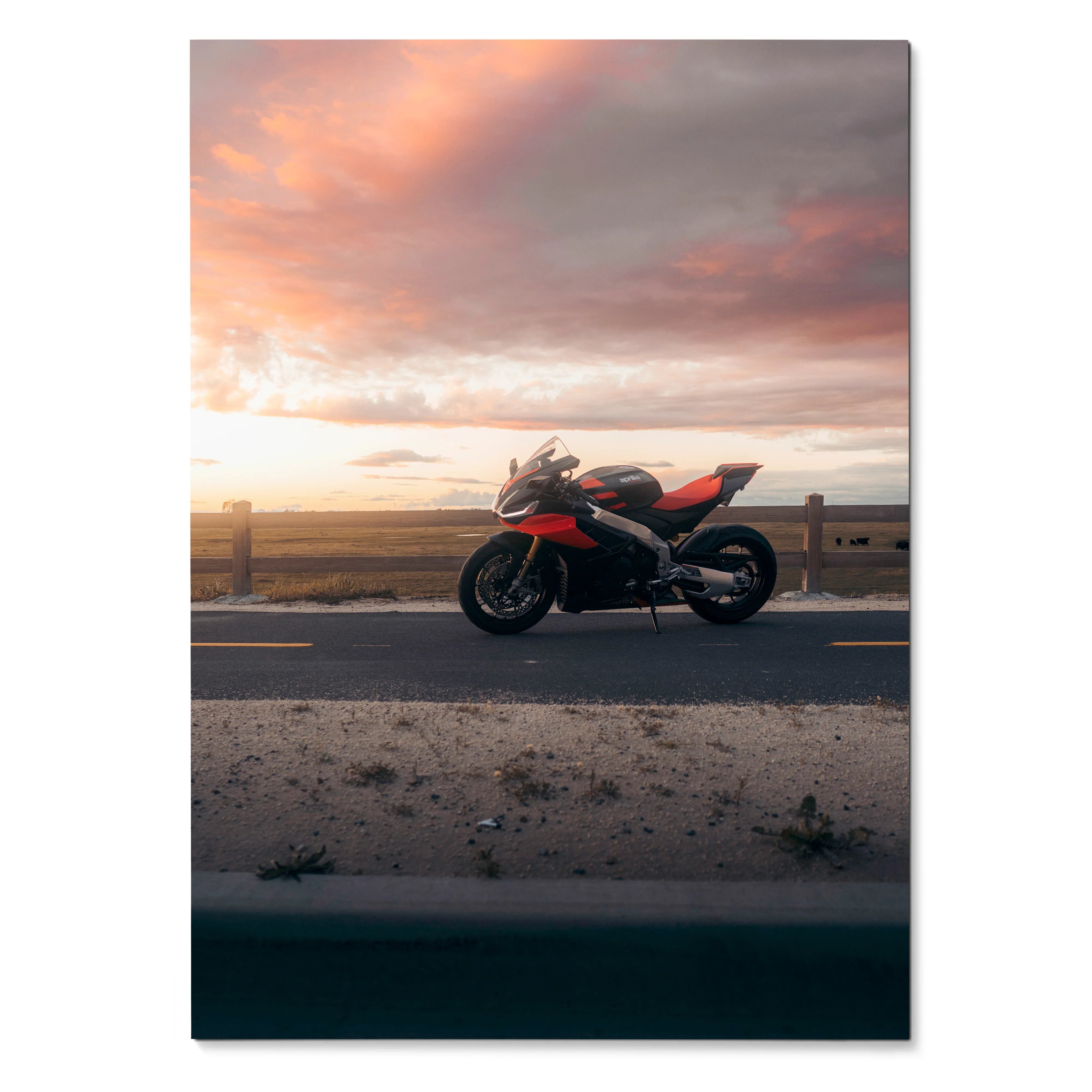 Aprilia RSV4 1100 Factory motorcycle silhouette against a vibrant sunset sky poster wall art.