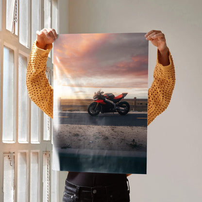 Poster of Aprilia RSV4 1100 Factory motorcycle against vibrant sunset background, wall art print.