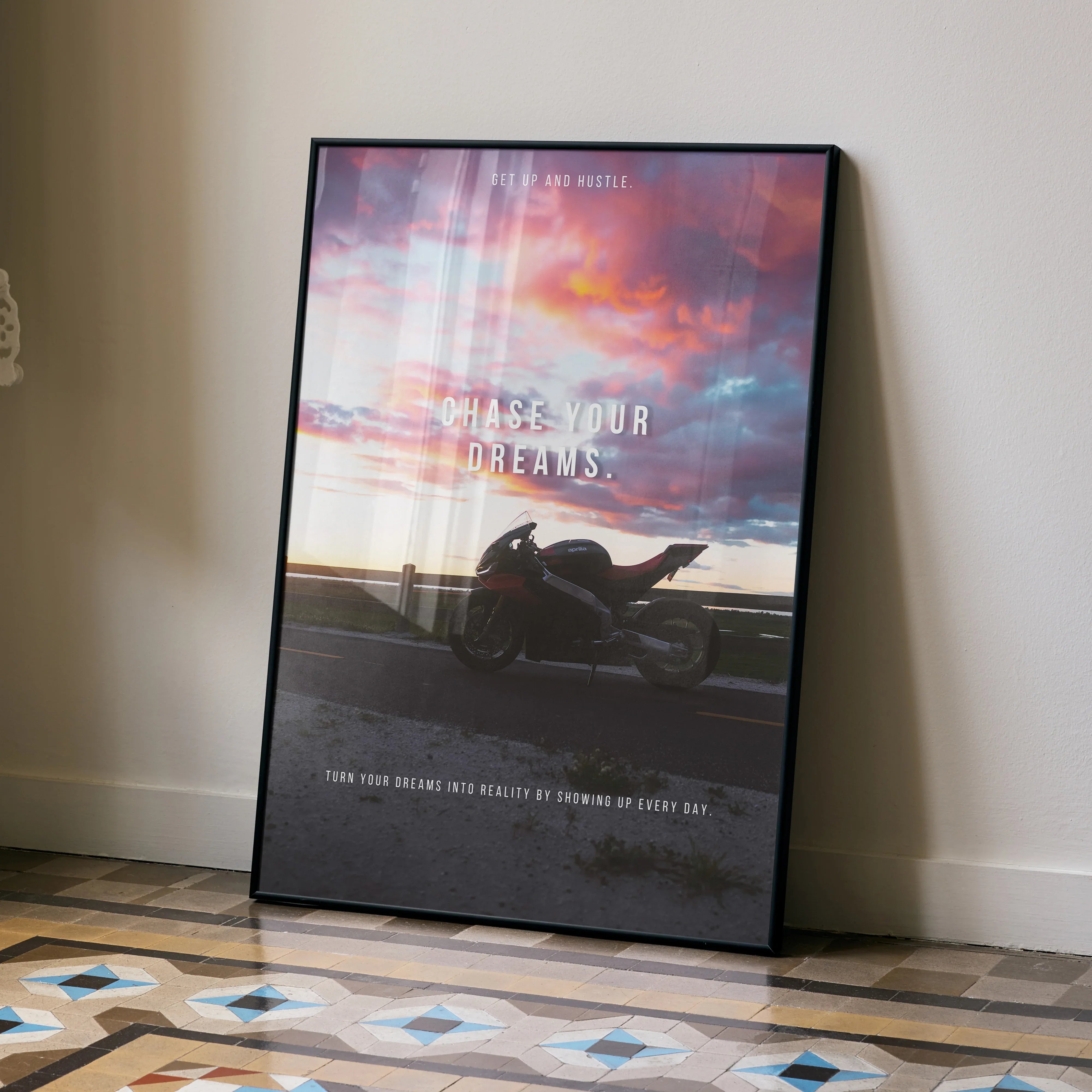 Motivational poster featuring Aprilia RSV4 1100 Factory motorcycle silhouette at sunset wall art.