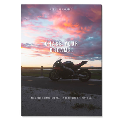 Motivational poster wall art with Aprilia RSV4 1100 Factory silhouette against a colorful sunset sky and inspirational text.