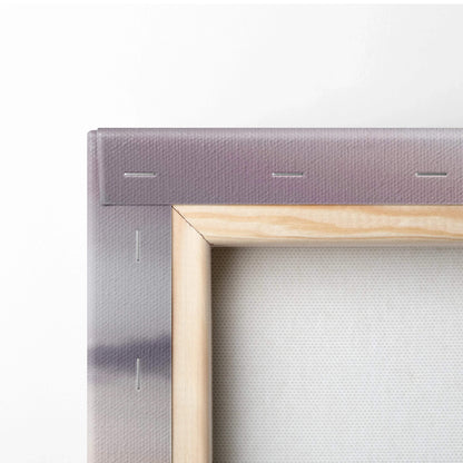 Close-up of wooden frame and stretched canvas corner for vertical Porsche 911 Turbo wall art.