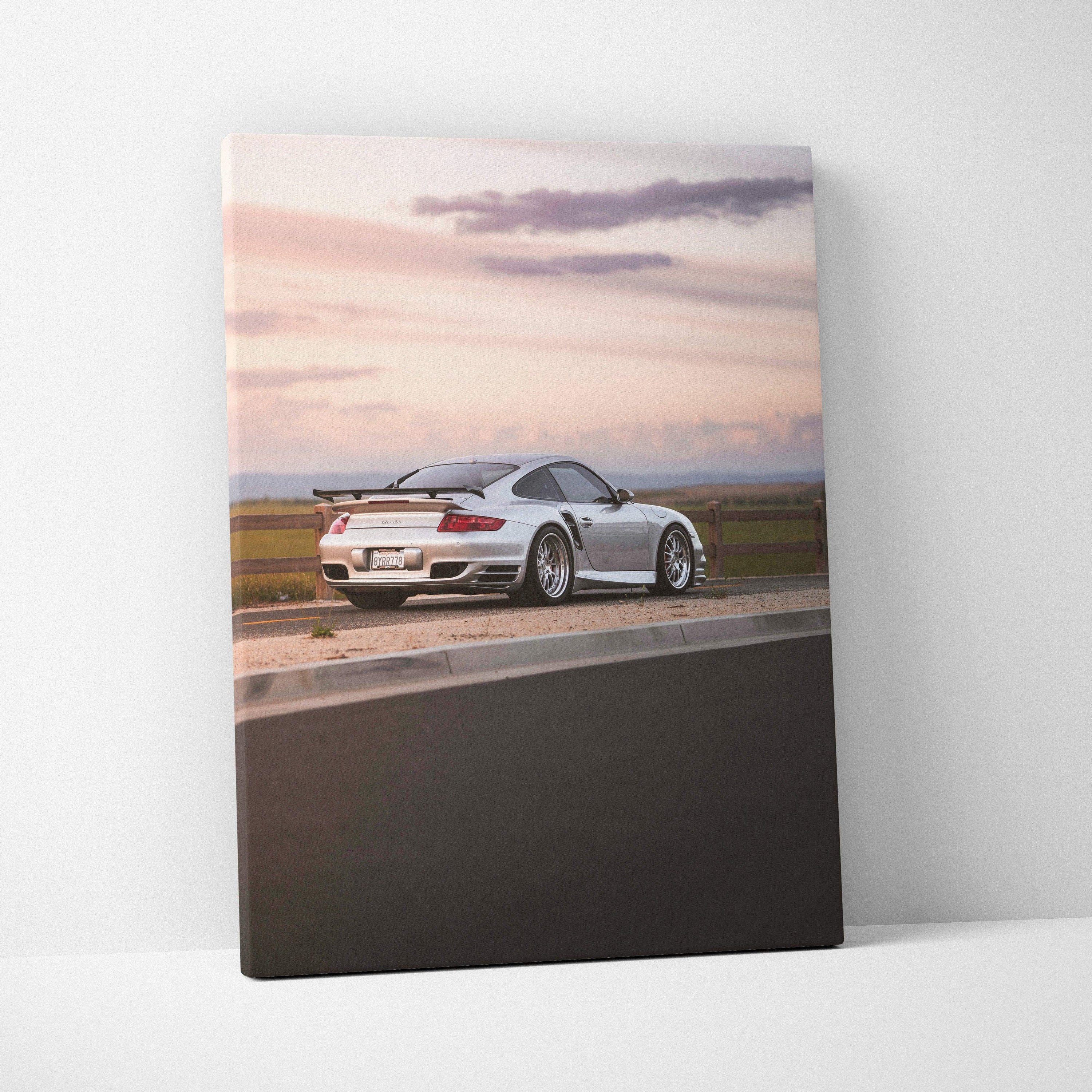 Porsche 911 Turbo at sunset on vertical canvas wall art with museum-quality finish.